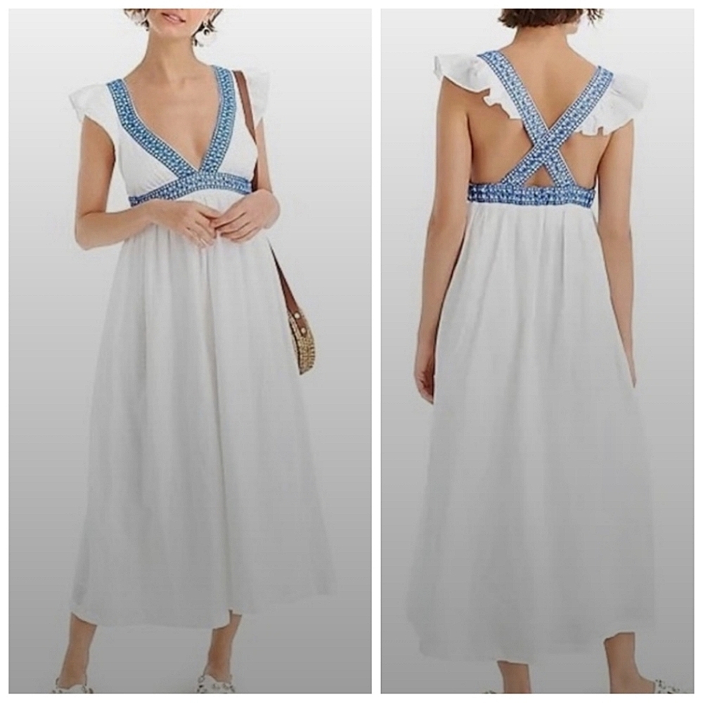 White Maxi Dress with Blue Embroidered Trim